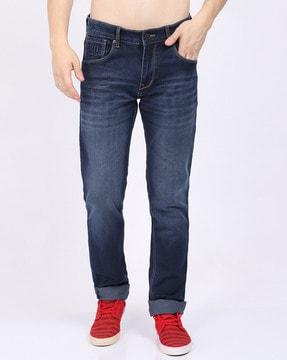 mid-washed straight fit jeans