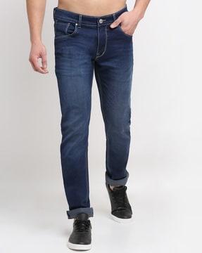 mid-washed tapered fit jeans