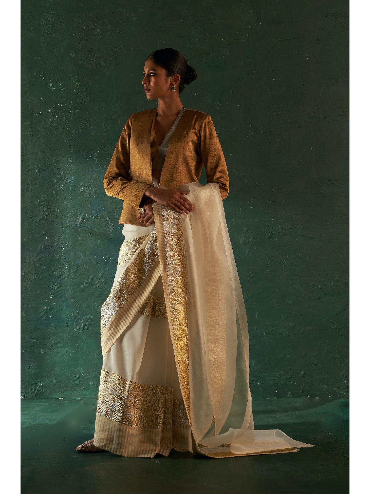 midas ivory saree with tissue blouse & blazer