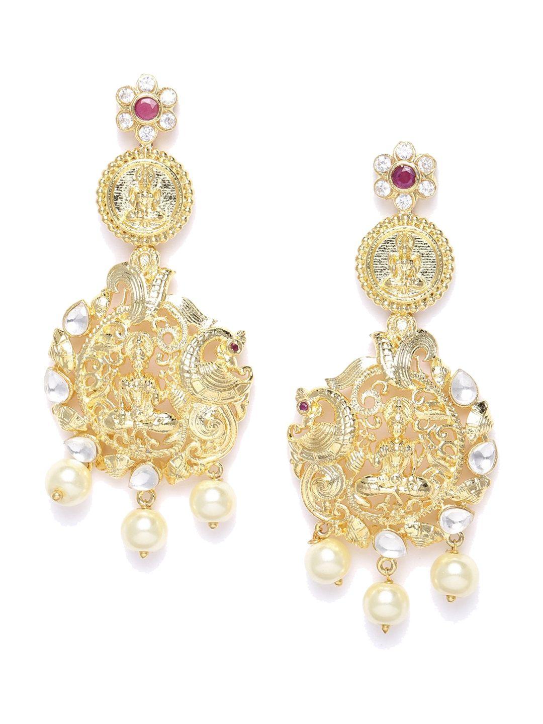 midaskart gold-toned contemporary kundan studded drop earrings