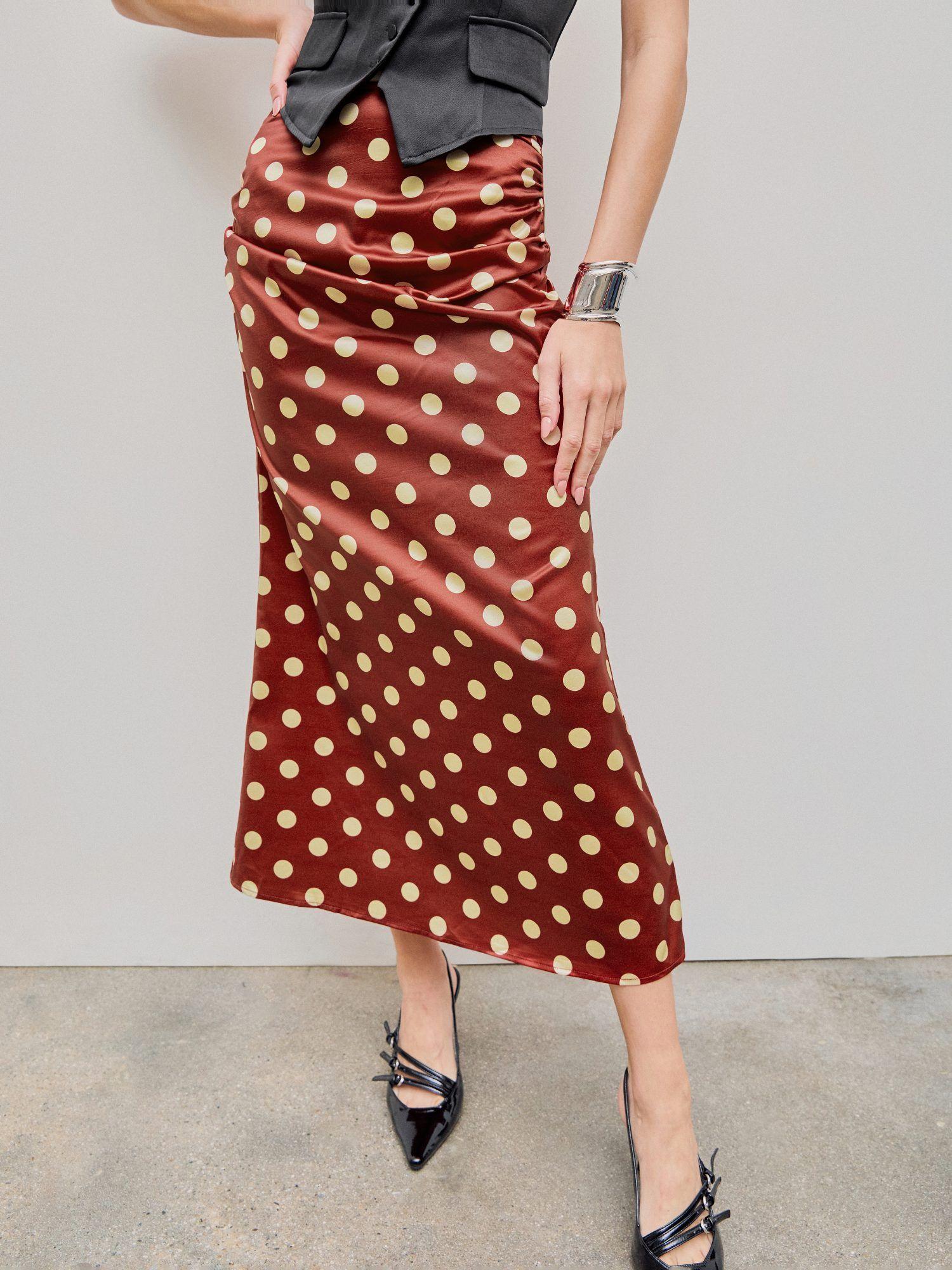 middle waist polka dot ruched mermaid maxi skirt