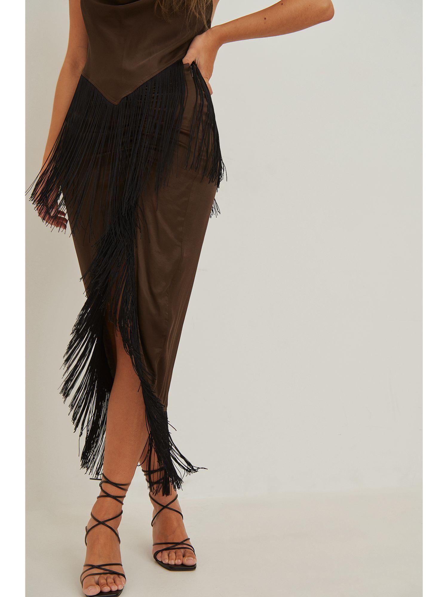 midi fringe detailed skirt-brown