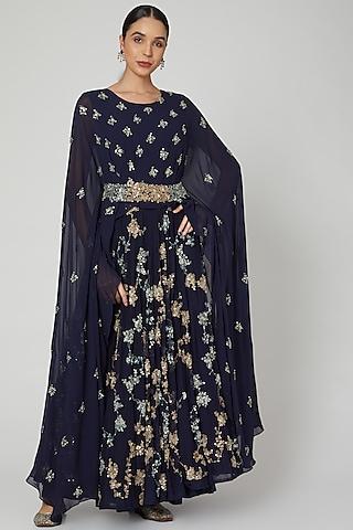 midnight blue embroidered gown with cape & belt
