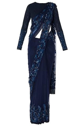 midnight blue floral hand embroidered saree set