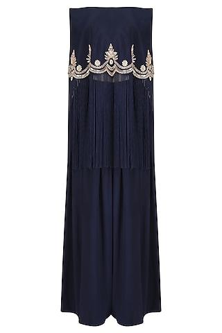 midnight blue off-shoulder embroidered cape with pants set