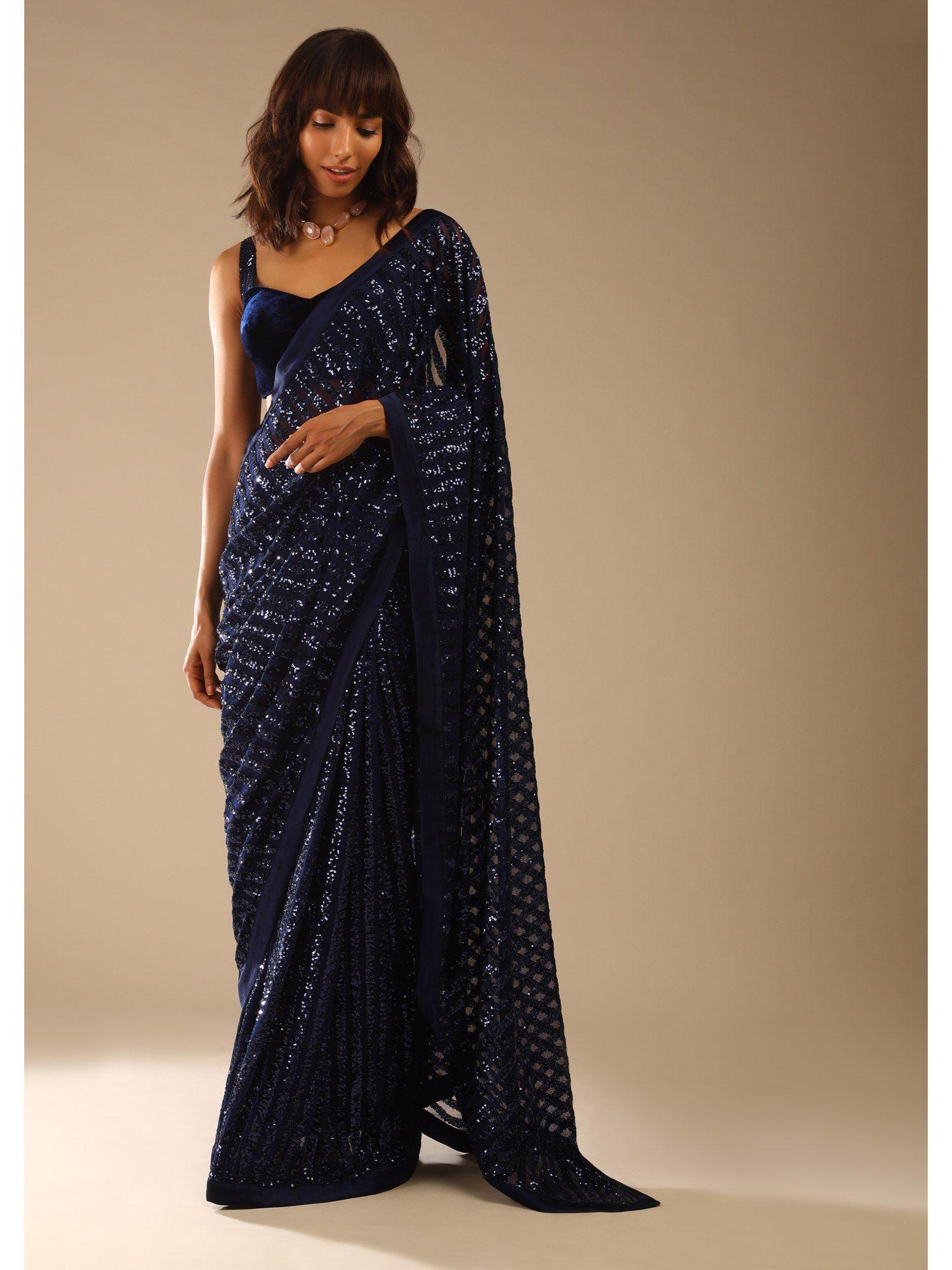 midnight blue ready-to-wear sequins saree with velvet stitched blouse (set of 2)