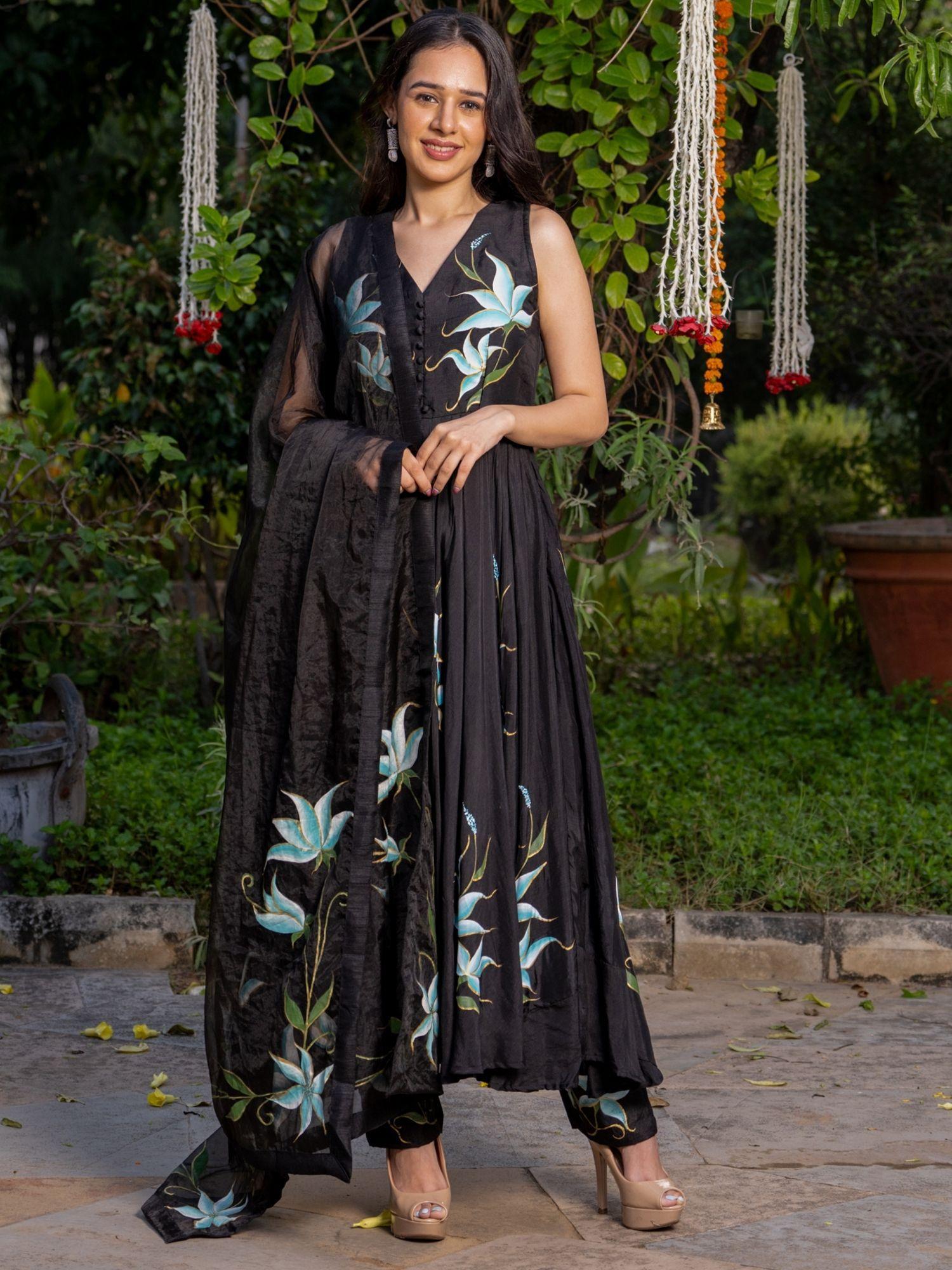 midnight black hand paint anarkali suit (set of 3)