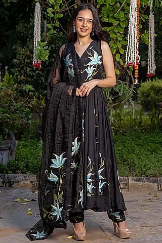 midnight black hand painted anarkali set