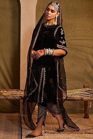 midnight black silk velvet hand embellished long kurta set