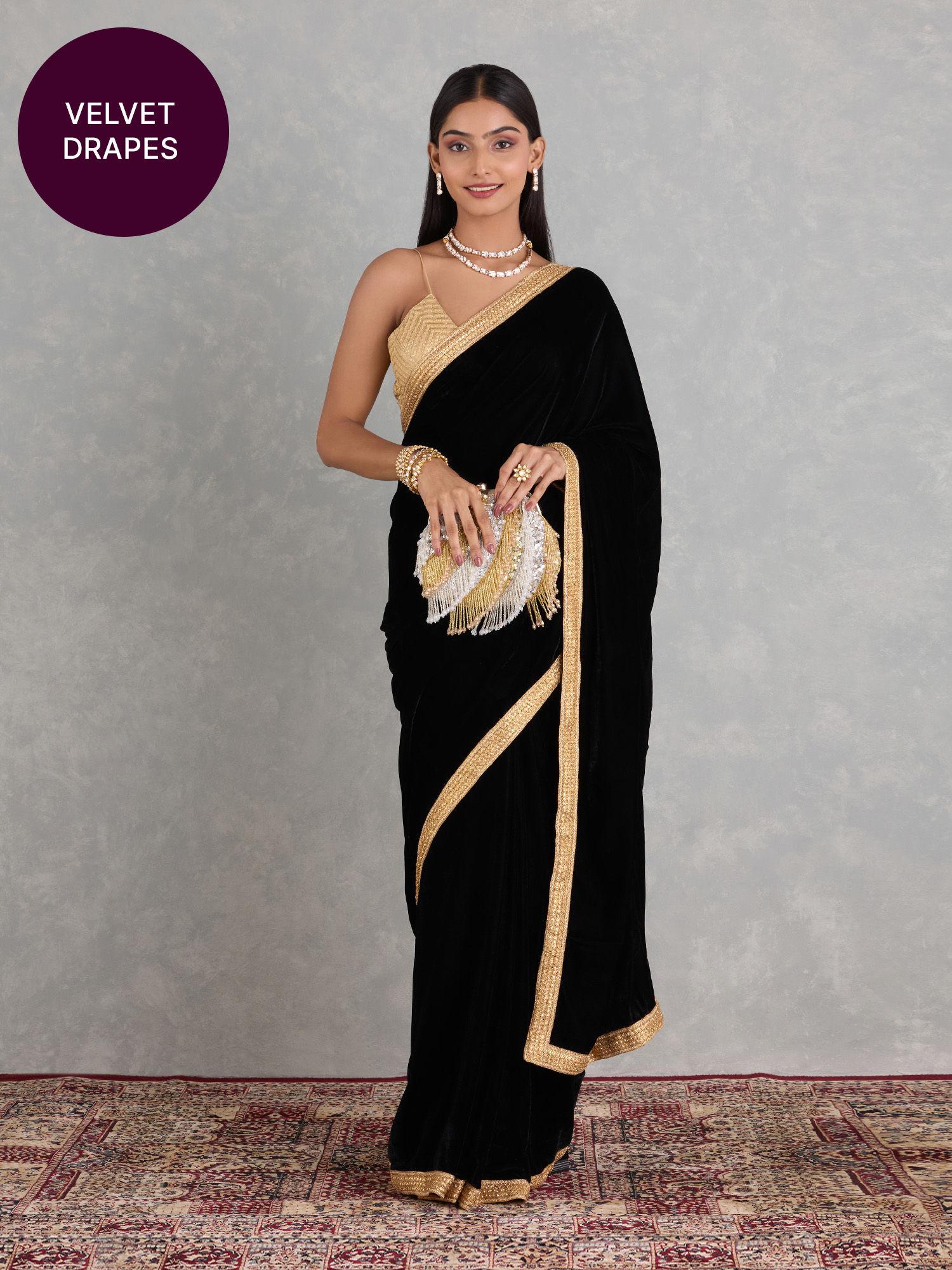 midnight black velvet solid border lace party saree and unstitched blouse