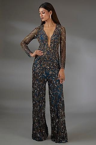 midnight blue & copper ombre italian tulle swarovski crystal embroidered jumpsuit