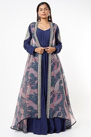 midnight blue anarkali with printed cape