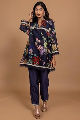 midnight blue chanderi printed & embroidered tunic set