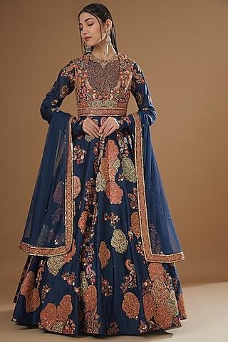 midnight blue chanderi printed anarkali set