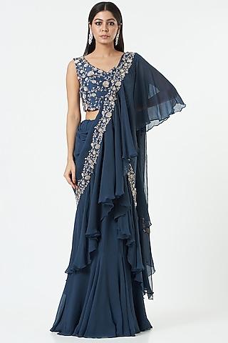midnight blue chiffon pre-draped saree set