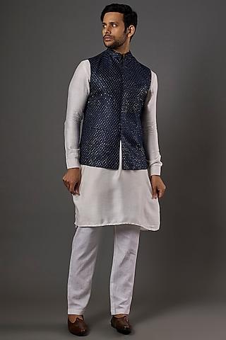 midnight blue chikankari embroidered nehru jacket