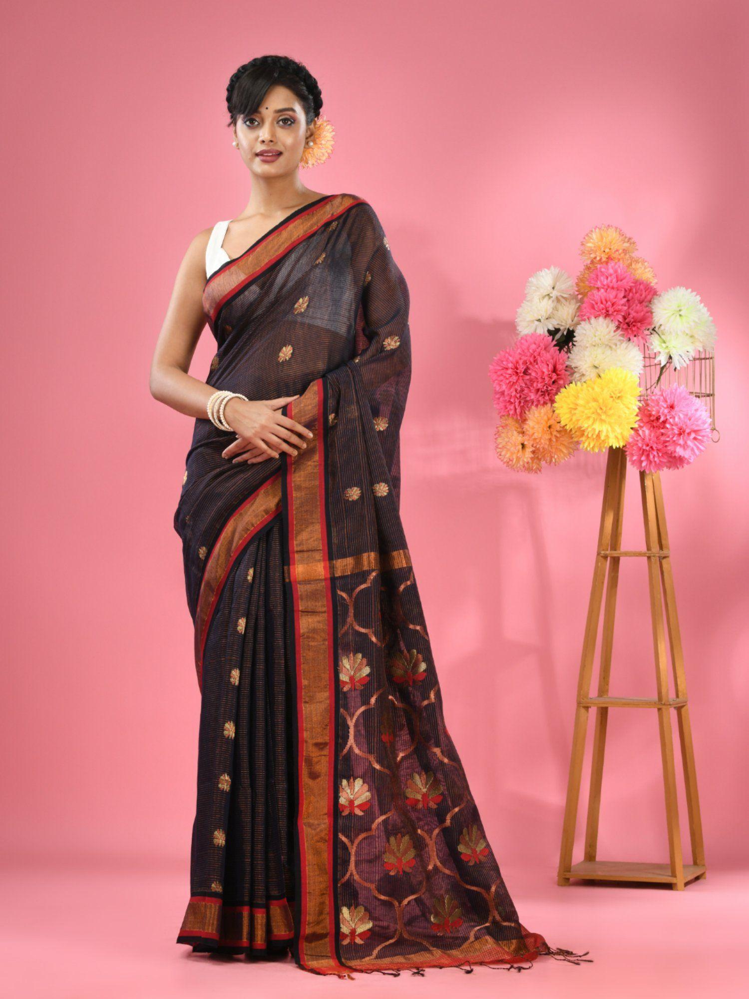 midnight blue cotton blend handwoven floral motifs saree with unstitched blouse