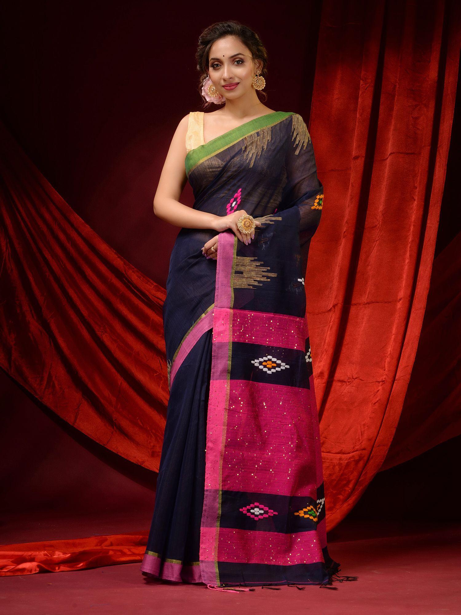 midnight blue cotton silk ethnic motifs and sequin pallu saree with unstitched blouse