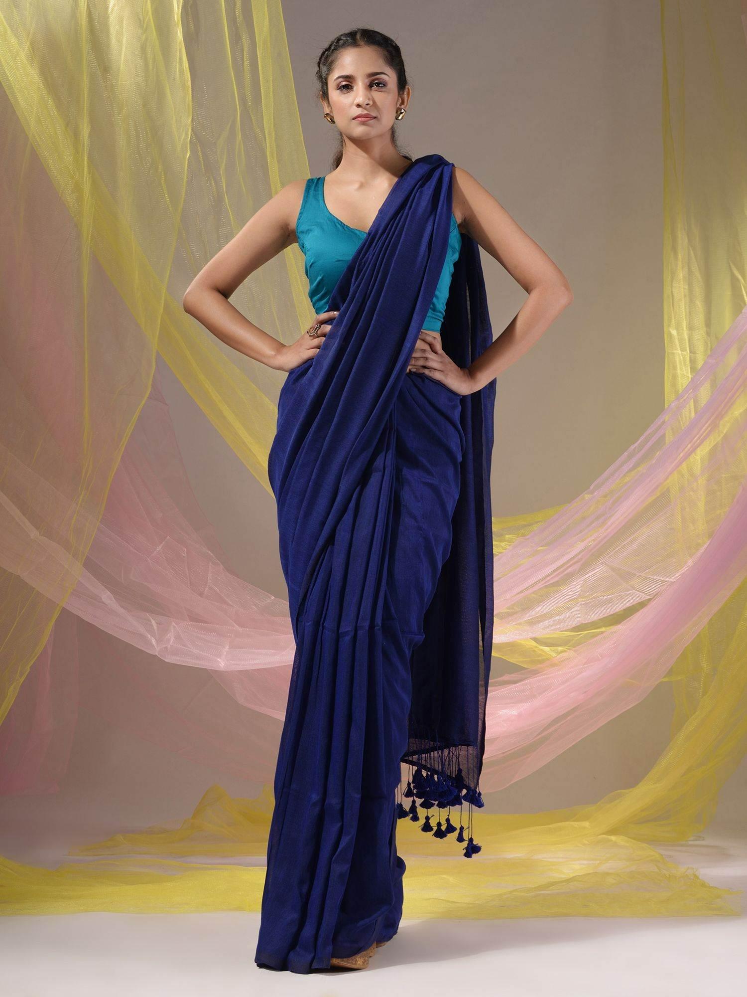 midnight blue cotton solid handloom tassels saree with unstitched blouse