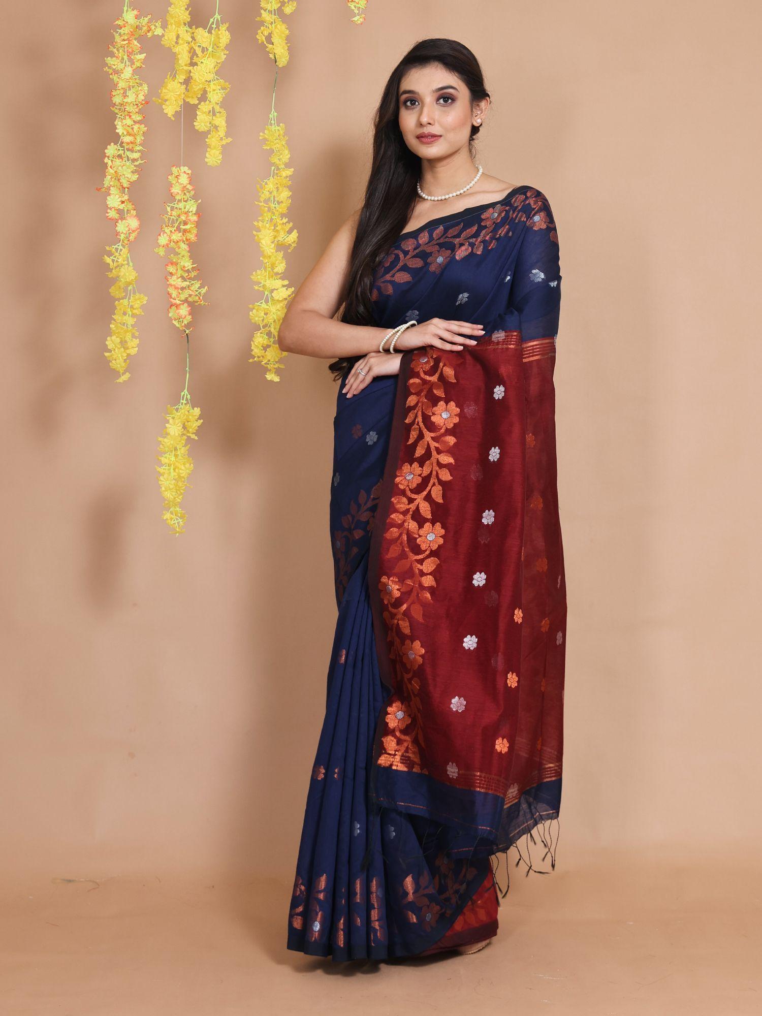 midnight blue cotton zari floral motifs & designs handwoven saree with unstitched blouse