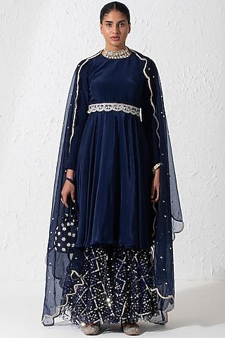 midnight blue crepe & net embroidered gharara set