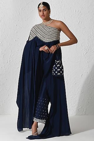 midnight blue crepe hand embroidered cape set