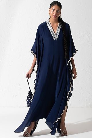 midnight blue crepe hand embroidered kaftan