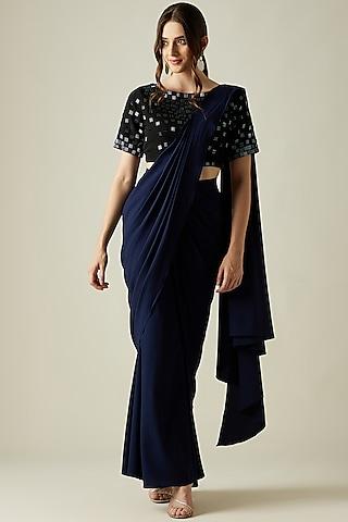 midnight blue embellished pant saree set