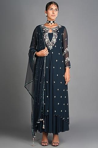 midnight blue embroidered anarkali set