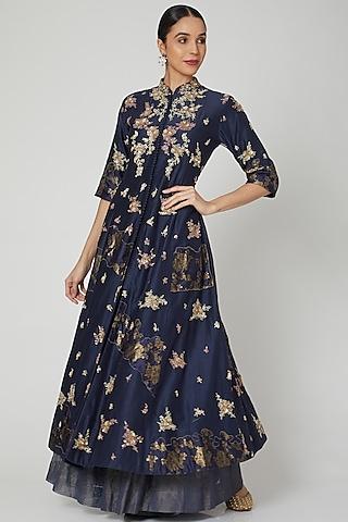 midnight blue embroidered anarkali with gharara