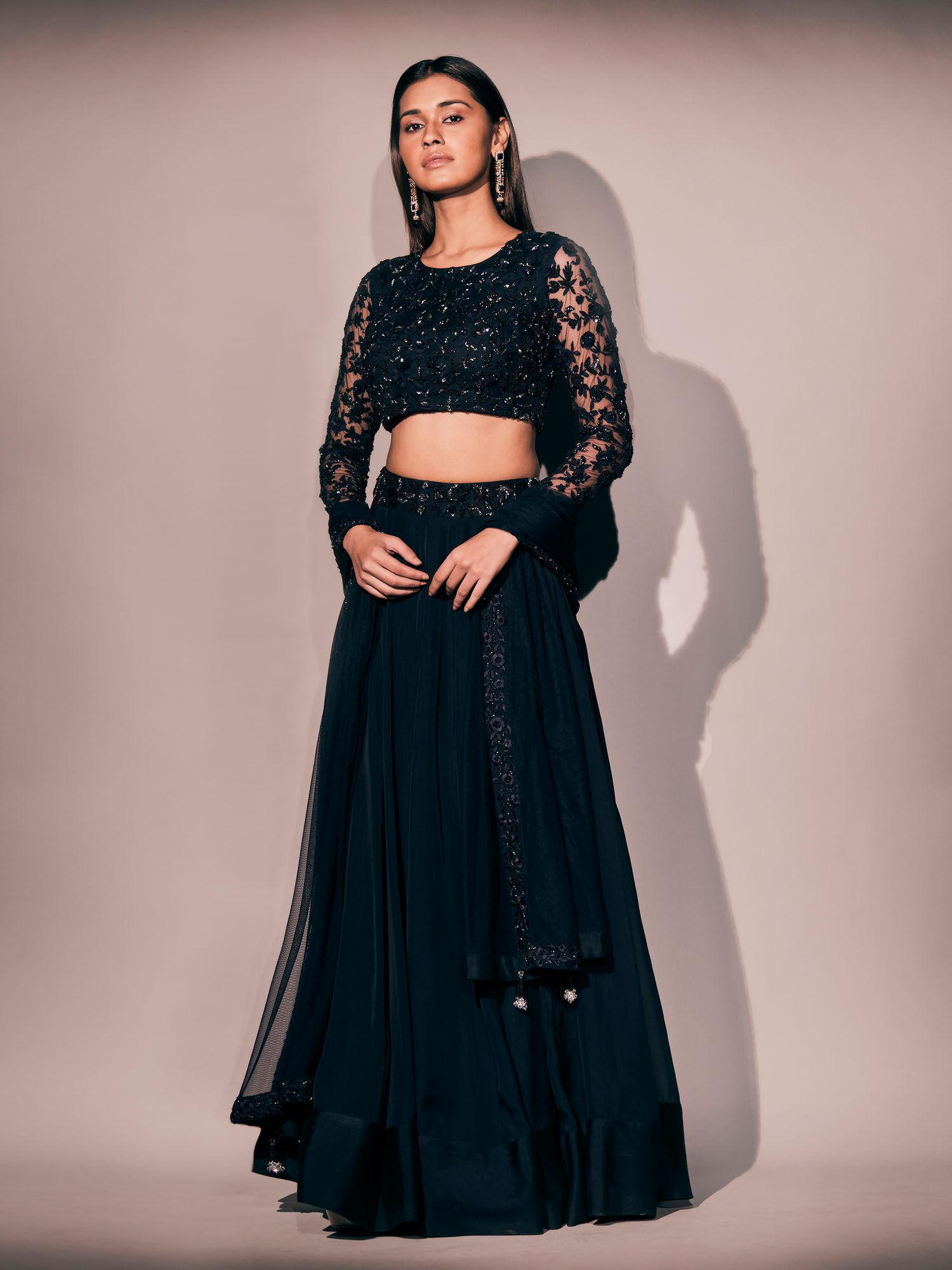 midnight blue embroidered blouse paired with lehenga & dupatta (set of 3)