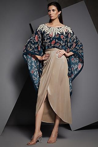 midnight blue embroidered cape with skirt