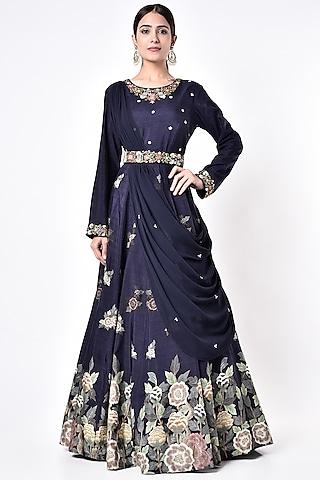 midnight blue embroidered gown with draped dupatta