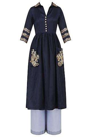 midnight blue embroidered tunic with palazzo pants set