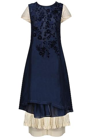 midnight blue embroidered wrap dress with anarkali and palazzo pants set