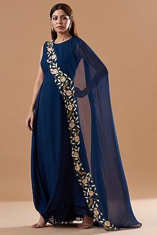 midnight blue georgette draped dress