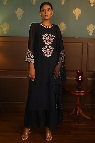 midnight blue georgette hand embroidered straight kurta set