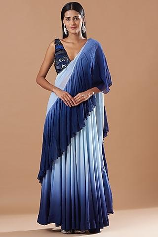 midnight blue georgette pre-stitched ruffled saree set