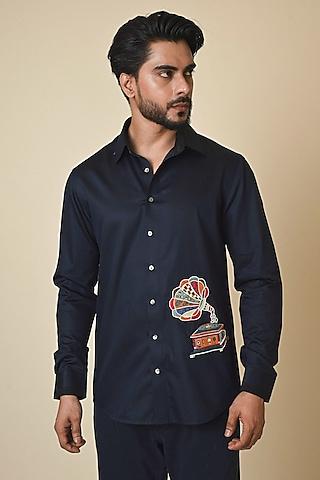 midnight blue giza cotton thread embroidered shirt