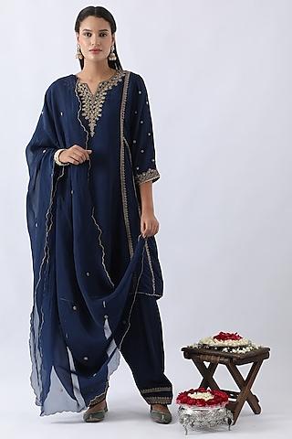 midnight blue habutai silk cutdana & sequins embroidered a-line kurta set