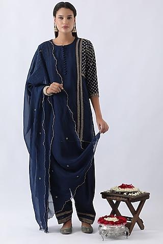 midnight blue habutai silk cutdana & sequins embroidered kurta set