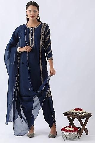 midnight blue habutai silk cutdana & sequins embroidered straight kurta set