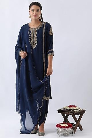 midnight blue habutai silk dori & cutdana embroidered straight kurta set