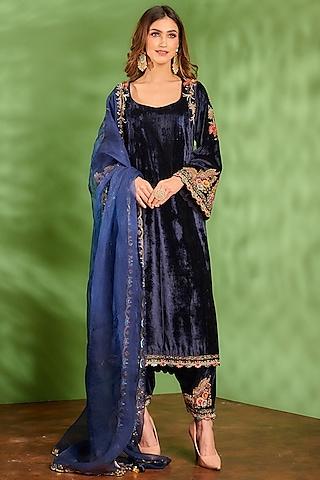 midnight blue hand embroidered kurta set