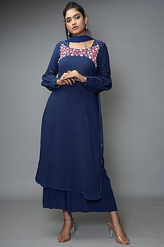 midnight blue hand embroidered kurta set