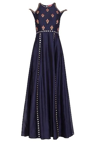 midnight blue handwoven chanderi sequins & dabka hand embroidered gown for girls