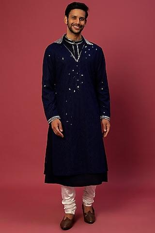 midnight blue kurta set in chikankari