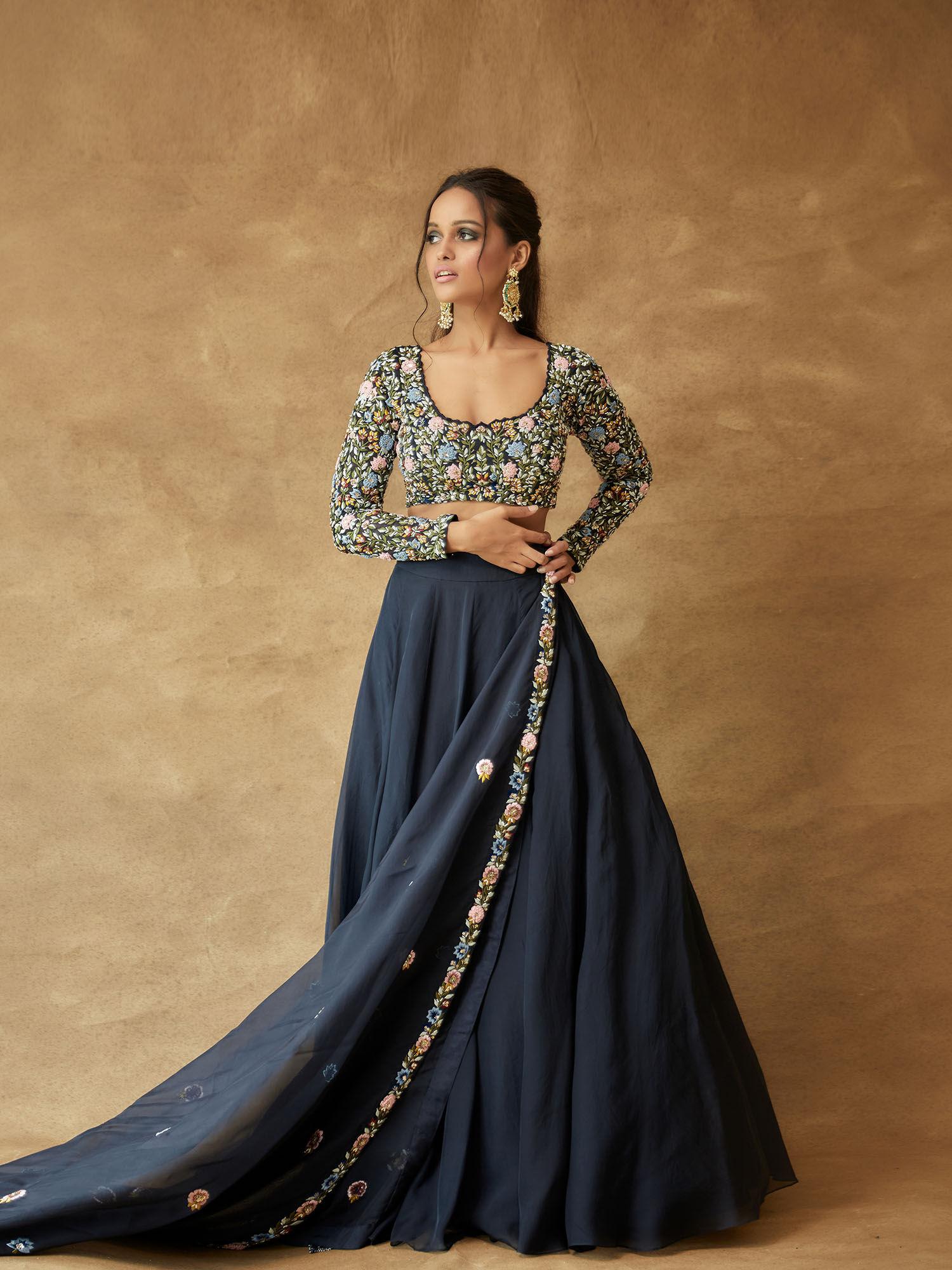 midnight blue lehenga paired with thread embroidery blouse & dupatta (set of 3)