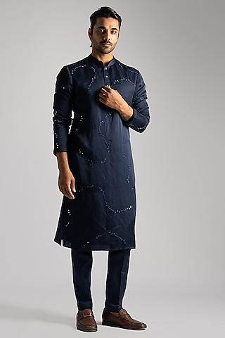 midnight blue linen satin abstract & mirror kurta set