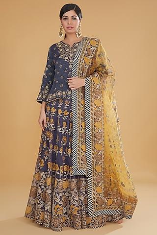 midnight blue mukaish organza floral cross-stitched embroidered lehenga set